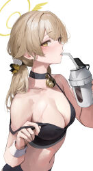 Rule 34 | 1girl, absurdres, alternate costume, bell, black choker, black sports bra, blonde hair, blue archive, blush, breasts, choker, cleavage, cup, drinking straw, from side, hair flaps, halo, hifumi (blue archive), highres, holding, holding cup, leviathan (hikinito0902), long hair, looking at viewer, low twintails, medium breasts, midriff, navel, neck bell, simple background, solo, sports bra, stomach, strap slip, tumbler, twintails, white background, wing hair ornament, yellow eyes, yellow halo