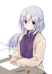 Rule 34 | 1girl, akagashi hagane, alternate eye color, beige jacket, braid, brooch, commentary request, dress, eraser, feathered wings, french braid, hair between eyes, jacket, jewelry, kishin sagume, long sleeves, looking at viewer, open clothes, open jacket, own hands together, paper, pencil, purple dress, purple eyes, short hair, silver hair, simple background, single wing, sleeves past wrists, solo, table, touhou, upper body, white background, white wings, wing collar, wings