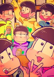 Rule 34 | 10s, 6+boys, :p, alternate costume, bad id, bad pixiv id, beer can, blurry, brothers, can, depth of field, drink can, food, food on face, heart, heart in mouth, highres, hood, hoodie, jitome, male focus, matsuno choromatsu, matsuno ichimatsu, matsuno jyushimatsu, matsuno karamatsu, matsuno osomatsu, matsuno todomatsu, multiple boys, osomatsu-kun, osomatsu-san, risao, selfie, sextuplets, siblings, tongue, tongue out, v, wall-eyed