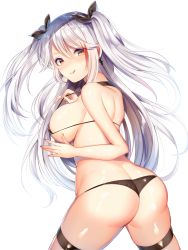 Rule 34 | 1girl, ass, azur lane, bikini, black bikini, blush, breasts, brown hair, butt crack, earrings, fingernails, hair between eyes, highres, jewelry, large breasts, looking at viewer, looking back, micro bikini, ntk (7t5), prinz eugen (azur lane), prinz eugen (unfading smile) (azur lane), silver hair, simple background, solo, standing, swimsuit, thigh strap, tongue, tongue out, two side up, white background