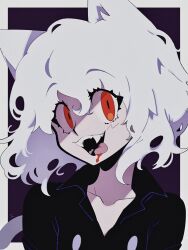 Rule 34 | 1other, a (poipiku 325815), androgynous, animal ears, black jacket, blood, blood on face, blush, border, cat ears, cat tail, commentary request, fangs, hair between eyes, hunter x hunter, jacket, looking at viewer, neferpitou, open mouth, orange eyes, other focus, purple background, short hair, smile, solo, tail, tongue, tongue out, upper body, white border, white hair