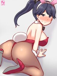 Rule 34 | 1girl, all fours, animal ears, artist logo, ass, black bow, black bowtie, black hair, blush, bow, bowtie, breasts, commentary request, dated, detached collar, from behind, grey background, grey eyes, high heels, houshou (kancolle), kanon (kurogane knights), kantai collection, leotard, long hair, looking at viewer, looking back, medium breasts, nose blush, one-hour drawing challenge, one-piece thong, pantyhose, playboy bunny, rabbit ears, rabbit tail, red footwear, red leotard, simple background, sitting, solo, sweat, tail, thong leotard, wariza, wrist cuffs