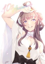 Rule 34 | 1girl, absurdres, ahoge, alakoala, anniversary, breasts, brown hair, cleavage cutout, clothing cutout, double bun, dress, hair bun, hairband, highres, kantai collection, kongou (kancolle), large breasts, long hair, official alternate costume, parted lips, purple eyes, smile, solo, white dress