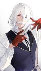 Rule 34 | 1boy, black vest, blue eyes, collared shirt, cowboy shot, facial hair, gloves, heterochromia, highres, holding, holding knife, jack the ripper (shuumatsu no valkyrie), jip, knife, long sleeves, looking at viewer, male focus, mustache, red eyes, red gloves, shirt, short hair, shuumatsu no valkyrie, solo, standing, vest, white background, white hair, white shirt