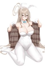 Rule 34 | 1girl, absurdres, akane (blue archive), akane (bunny) (blue archive), animal ears, bare shoulders, blonde hair, blue archive, blue bow, blue bowtie, bow, bowtie, breasts, brown scarf, cleavage, closed mouth, collarbone, detached collar, fake animal ears, full body, glasses, gloves, hair between eyes, halo, hands up, highres, kuyoumi, large breasts, leotard, long hair, plaid, plaid scarf, playboy bunny, rabbit ears, scarf, simple background, sitting, smile, solo, thighs, wariza, white background, white gloves, white legwear, white leotard
