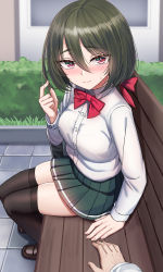 Rule 34 | 1girl, absurdres, bench, black thighhighs, blurry, blurry background, blush, breasts, brown footwear, bush, buttons, closed mouth, green hair, green skirt, hair between eyes, highres, loafers, long sleeves, looking at viewer, original, outdoors, pleated skirt, red eyes, revision, sayano (yakob labo), shirt, shoes, sitting, skirt, solo focus, thighhighs, white shirt, yakob labo
