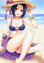 Rule 34 | 1girl, :d, absurdres, beach, bikini, blue hair, blush, breasts, cleavage, cleavage cutout, clothing cutout, courreges ace, day, flower bracelet, hand on headwear, hat, highres, idolmaster, idolmaster (classic), large breasts, looking at viewer, medium breasts, miura azusa, open mouth, purple bikini, purple eyes, sarong, scan, short hair, sitting, smile, solo, straw hat, swimsuit