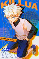Rule 34 | 1boy, birthday, blue background, blue eyes, character name, child, dated, full body, hands in pockets, happy birthday, highres, hunter x hunter, killua zoldyck, layered sleeves, long sleeves, looking at viewer, male focus, misted 8, shirt, short hair, short over long sleeves, short sleeves, shorts, smile, solo, white hair, white shirt