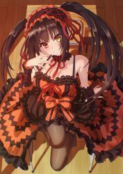 Rule 34 | 1girl, absurdres, bare shoulders, black hair, breasts, classroom, cleavage, clock eyes, date a live, dress, frilled dress, frilled hairband, frills, hairband, heterochromia, highres, lolita fashion, lolita hairband, medium breasts, red dress, red eyes, shadow, smile, solo, symbol-shaped pupils, table, taqielang, teeth, tokisaki kurumi, twintails, two-tone dress, yellow eyes, z42893347