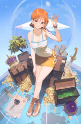 Rule 34 | 1girl, bangle, bare legs, bare shoulders, bracelet, breasts, cleavage, coin, collarbone, commentary, crown, feet, food, fruit, full body, glint, globe, gold, gold coin, hand up, highres, holding, holding coin, jewelry, large breasts, legs, log pose, looking at viewer, mandarin orange, map, miniskirt, nami (one piece), one piece, orange eyes, orange hair, parted lips, pile of money, planted, planted sword, planted weapon, revision, sandals, short hair, shoulder tattoo, sitting, skirt, smile, solo, spaghetti strap, sword, tattoo, timbougami, toes, treasure, treasure chest, unworn crown, unworn headwear, weapon, yellow skirt