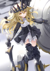 Rule 34 | 1girl, @ @, armored boots, black gloves, black rock shooter, blonde hair, blurry, blurry background, boots, center frills, chariot (black rock shooter), closed mouth, crown, depth of field, dress, floating hair, frilled dress, frills, gloves, gradient background, grey background, hair between eyes, headpiece, highres, holding, holding shield, holding sword, holding weapon, long hair, long sleeves, looking at viewer, raglan sleeves, ronopu, serious, shield, solo, sword, thigh boots, thighhighs, v-shaped eyebrows, very long hair, weapon, white background, white dress, yellow eyes, zettai ryouiki