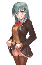 Rule 34 | 1girl, aqua hair, blush, breasts, brown jacket, brown skirt, brown thighhighs, clothes lift, collared shirt, cowboy shot, fumikiri, green eyes, hair between eyes, hair ornament, hairclip, highres, jacket, kantai collection, lifting own clothes, long hair, long sleeves, looking at viewer, medium breasts, pleated skirt, red neckwear, remodel (kantai collection), shirt, simple background, skirt, skirt lift, smile, solo, standing, striped clothes, striped skirt, suzuya (kancolle), thighhighs, tongue, tongue out, upper body, white background, white shirt