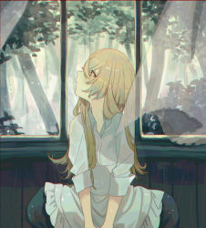 Rule 34 | 1girl, absurdres, apron, black skirt, blonde hair, commentary request, curtains, highres, indoors, kirisame marisa, long hair, long sleeves, looking to the side, no headwear, no headwear, profile, rain, shi chimi, shirt, skirt, sleeves rolled up, solo, touhou, tree, upper body, waist apron, wet, white shirt, window, yellow eyes