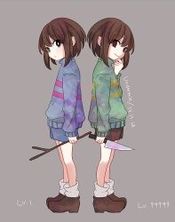 Rule 34 | androgynous, back-to-back, black eyes, chara (undertale), copyright name, crazy eyes, dated, evil smile, expressionless, frisk (undertale), gender request, grey background, hand on own chin, knife, red eyes, saki (pixy0911), shoes, shorts, simple background, smile, socks, spoilers, stick, striped clothes, striped sweater, sweater, undertale