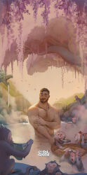 Rule 34 | 1boy, absurdres, animal, arm hair, bara, beard, brown hair, chest hair, closed mouth, completely nude, copyright name, coral island, david ardinaryas, facial hair, falling petals, highres, jewelry, large pectorals, male focus, mark (coral island), monkey, muscular, muscular male, necklace, nipples, nude, official art, official wallpaper, outdoors, pectorals, petals, sauna, short hair, smile, upper body, water