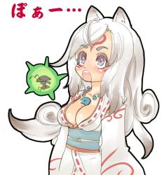 Rule 34 | :o, amaterasu (ookami), animal ears, breasts, cleavage, issun, japanese clothes, jewelry, long hair, necklace, ookami (game), open mouth, personification, translation request, tsuutenkaaku, white hair