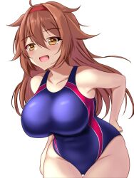 Rule 34 | 1girl, ahoge, animal print, blush, breasts, brown hair, competition swimsuit, cow print, hairband, highres, kantai collection, large breasts, long hair, looking at viewer, montemasa, one-piece swimsuit, purple one-piece swimsuit, red one-piece swimsuit, shiratsuyu (kancolle), shiratsuyu kai ni (kancolle), smile, swimsuit, two-tone swimsuit, white background