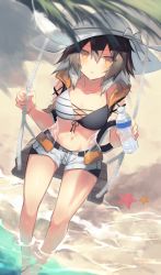 Rule 34 | 1girl, arknights, beach, bikini, black bikini, blush, bottle, bow, branch, breasts, brown hair, brown hat, cleavage, collarbone, commentary request, feet out of frame, hair between eyes, hat, hat bow, holding, holding bottle, long hair, looking at viewer, midriff, multicolored hair, navel, parted lips, partially submerged, plume (arknights), sasa onigiri, short shorts, shorts, sitting, sketch, small breasts, solo, starfish, sun hat, swimsuit, swing, swinging, two-tone bikini, two-tone hair, two-tone swimsuit, water, water bottle, white bikini, white hair, white hat, yellow eyes