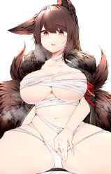 Rule 34 | 1girl, absurdres, akagi (azur lane), animal ears, areola slip, azur lane, bandages, breasts, breath, brown hair, budget sarashi, chest sarashi, commentary, fox ears, fox tail, highres, large breasts, long hair, multiple tails, navel, open mouth, red eyes, samip, sarashi, simple background, sitting, solo, spread legs, stomach, tail, thighs, white background