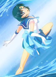 Rule 34 | 1990s (style), 1girl, :o, action, bishoujo senshi sailor moon, blue footwear, blue hair, blue sailor collar, blue skirt, blue theme, boots, bubble, elbow gloves, female focus, fighting stance, gloves, hydrokinesis, leg up, legs, looking back, mizuno ami, official style, retro artstyle, ribbon, sailor collar, sailor mercury, sailor senshi, short hair, skirt, solo, super sailor mercury, tiara, water, white gloves, ymd123