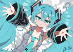Rule 34 | 1girl, aqua eyes, aqua hair, black sleeves, breasts, carry me, closed mouth, collarbone, commentary, detached sleeves, grey shirt, hair ornament, hatsune miku, highres, jitome, long hair, lying, necktie, nekoucha, on back, open clothes, open shirt, outstretched arms, reaching, reaching towards viewer, shirt, signature, sleeveless, sleeveless shirt, small breasts, solo, twintails, upper body, very long hair, vocaloid