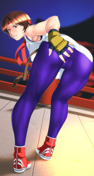 Rule 34 | 1girl, absurdres, armpits, ass, ass grab, backboob, bare shoulders, bent over, breasts, brown hair, cameltoe, censored, feet, fingerless gloves, from behind, full body, gloves, headband, highres, japanese clothes, leaning forward, legs, looking back, mosaic censoring, night, orange eyes, outdoors, parted lips, presenting, pussy, qkat (arikawa-dou), ryuuko no ken, shoes, short hair, sky, sleeveless, sneakers, snk, solo, spandex, the king of fighters, the king of fighters xiv, thighs, yuri sakazaki