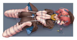 Rule 34 | 1girl, absurdres, aiza-ku, arms behind back, ass, ball gag, barefoot, bdsm, beret, black gloves, blush, bondage, bound, brown gloves, brown hat, brown jacket, candy, commission, female focus, food, from above, full body, gag, gagged, girls&#039; frontline, girls&#039; frontline 2: exilium, gloves, gun, h&amp;k mp7, hair bobbles, hair ornament, hairclip, hat, highres, jacket, lollipop, looking at viewer, lying, mp7 (girls&#039; frontline), no shoes, on stomach, one side up, pink hair, pussy juice, reverse prayer, saliva, short sleeves, solo, submachine gun, two-tone gloves, weapon, yellow eyes