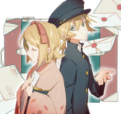 Rule 34 | 1boy, 1girl, blonde hair, chi ya, closed eyes, colored eyelashes, commentary, crying, envelope, flipped hair, gakuran, green eyes, hair ribbon, hairband, hands on own chest, hands up, hat, highres, holding, holding leash, japanese clothes, kagamine len, kagamine rin, kimono, leash, letter, long sleeves, looking at another, medium hair, ponytail, profile, ribbon, school uniform, song request, suitcase, vocaloid, wide sleeves