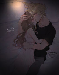 Rule 34 | 1boy, 1girl, aerith gainsborough, alternate costume, arm around waist, hug, bare arms, bed sheet, black shirt, blonde hair, breasts, brown hair, closed eyes, cloud strife, collarbone, couple, dress, earrings, final fantasy, final fantasy vii, final fantasy vii remake, grey pants, hair between eyes, hair down, hand on another&#039;s head, highres, jewelry, kiss, krudears, lying, medium breasts, on side, pants, parted bangs, pillow, pink dress, shirt, short hair, sidelocks, single earring, sleeveless, sleeveless dress, spiked hair, square enix, t-shirt, upper body, wavy hair