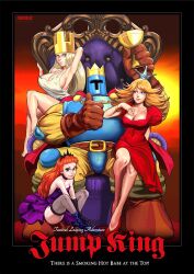 Rule 34 | 1boy, 3girls, armor, armpits, babe (jump king), bare legs, barefoot, black border, black footwear, blonde hair, blue eyes, blunt bangs, boots, border, bracelet, breasts, brown gloves, cape, cleavage, covered navel, crown, cup, dress, english text, full armor, ghost babe (jump king), gloves, green eyes, high heels, highres, holding, holding cup, jewelry, jump king, jump king (character), knees up, large breasts, long hair, multiple girls, muscular, muscular male, new babe (jump king), orange hair, parted lips, puffy short sleeves, puffy sleeves, purple dress, red cape, red dress, red footwear, second-party source, short sleeves, sideboob, sitting, sleeveless, sleeveless dress, smile, strapless, strapless dress, throne, timbothechamp, white dress