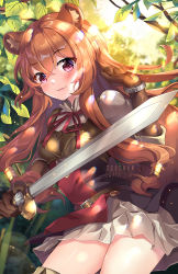 Rule 34 | 1girl, animal ear fluff, animal ears, artist name, blurry, blurry background, blush, branch, brown gloves, brown hair, brown shirt, commentary request, day, depth of field, forest, gloves, hair between eyes, hair tubes, hand up, highres, holding, holding sword, holding weapon, layered sleeves, long hair, long sleeves, looking at viewer, nature, neck ribbon, outdoors, parted lips, pleated skirt, puffy short sleeves, puffy sleeves, raccoon ears, raccoon girl, raccoon tail, raphtalia, red eyes, red ribbon, revision, ribbed shirt, ribbon, shirt, short over long sleeves, short sleeves, skirt, solo, squchan, sunlight, sword, tail, tate no yuusha no nariagari, very long hair, watermark, weapon, web address, white skirt