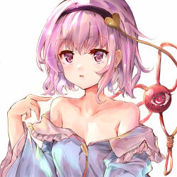 Rule 34 | 1girl, bare shoulders, breasts, frills, hair ornament, hairband, hand up, heart, heart hair ornament, highres, ikazuchi akira, komeiji satori, light blush, looking at viewer, medium breasts, off shoulder, open mouth, pink eyes, pink hair, short hair, solo, third eye, touhou, upper body
