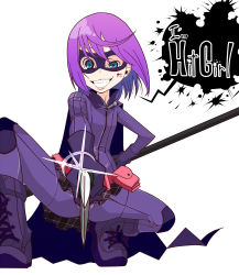 Rule 34 | 1girl, animification, belt, belt pouch, blood, bodysuit, boots, cape, eito, english text, evil grin, evil smile, from below, gloves, grin, hit-girl, kick-ass, looking at viewer, mask, miniskirt, pouch, purple hair, short hair, simple background, skin tight, skirt, smile, solo, speech bubble, squatting, sword, text focus, weapon, white background, wig