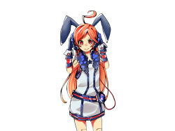 Rule 34 | 1girl, ahoge, animal ears, bad id, bad pixiv id, belt, dress, female focus, gloves, headphones, headset, itamidome, itamitome, long hair, rabbit ears, red eyes, red hair, sf-a2 miki, simple background, solo, star (symbol), striped clothes, striped gloves, vocaloid, white background, wrist cuffs