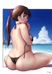 Rule 34 | 1girl, bikini, black bikini, blunt bangs, character request, commentary request, copyright request, hand on own chin, highres, outside border, shigekikkusu, sideways mouth, signature, skindentation, solo, string bikini, swimsuit, thighs