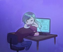 Rule 34 | 1boy, 1girl, blue hair, chair, computer, copyright request, crying, desk, hetero, hug, monitor, smile