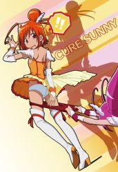 Rule 34 | !, !!, 10s, 2girls, accident, ass, assisted exposure, bike shorts, clothes pull, cure happy, cure sunny, falling, head wings, high heels, hino akane (smile precure!), hoshizora miyuki, long hair, looking back, magical girl, multiple girls, orange skirt, panties, pantsing, pink hair, precure, pulling another&#039;s clothes, red shorts, shin (irowanioedo), shoes, shorts, shorts pull, shorts under skirt, silhouette, skirt, smile, smile precure!, surprised, tiara, tripping, twintails, underwear, wings