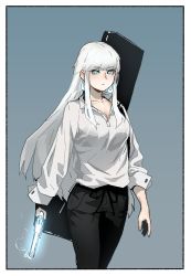 Rule 34 | 1girl, absurdres, black pants, blue eyes, border, breasts, bright pupils, cleavage, closed mouth, cowboy shot, earrings, expressionless, glowing, glowing weapon, gogalking, grey background, grey hair, grey shirt, guitar case, gun, handgun, highres, holding, holding gun, holding weapon, hoop earrings, instrument case, jewelry, large breasts, light girl (gogalking), long hair, long sleeves, looking at viewer, loose clothes, loose shirt, original, pants, revolver, shirt, smoke, smoking gun, solo, standing, weapon, white border, white pupils