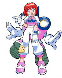 Rule 34 | 1girl, :d, blue eyes, gloves, headphones, official art, open mouth, pastel (twinbee), red hair, robot, simple background, smile, solo, twinbee, white background, winbee, yoshizaki mine
