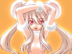 Rule 34 | 1girl, :d, animal ears, arms up, blonde hair, breasts, collarbone, fur armlet, fur bracelet, fur choker, hair between eyes, hair censor, hair over breasts, long hair, looking at viewer, medium breasts, mouse ears, mouse girl, nude, open mouth, orange background, original, red eyes, shinjou satomi, sidelocks, smile, solo, straight-on, twintails, upper body