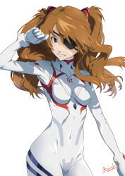 Rule 34 | 1girl, 2023, artist name, baiola, blue eyes, bodysuit, brown hair, covered navel, dated, evangelion: 3.0+1.0 thrice upon a time, eyepatch, floating hair, highres, interface headset, long hair, looking at viewer, neon genesis evangelion, plugsuit, rebuild of evangelion, solo, souryuu asuka langley, white background, white bodysuit, wide hips