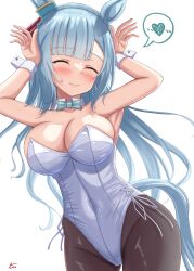 Rule 34 | 1girl, absurdres, animal ears, aqua bow, armpits, arms up, black pantyhose, blue hair, bow, braid, breasts, cleavage, closed eyes, closed mouth, commentary request, cowboy shot, crown braid, detached collar, facing viewer, heart, highleg, highleg leotard, highres, horse ears, horse girl, horse tail, large breasts, leotard, light blue hair, long hair, mejiro ardan (umamusume), nontraditional playboy bunny, pantyhose, rio (lio yuzu), signature, solo, spoken heart, tail, umamusume, white background, white leotard, wrist cuffs