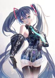 Rule 34 | 1girl, absurdres, aqua eyes, aqua necktie, bare shoulders, black gloves, black shirt, black shorts, black sleeves, black thighhighs, blue hair, breasts, collared shirt, commentary, cowboy shot, detached sleeves, gloves, gradient background, hair between eyes, hair ornament, hatsune miku, highres, light blush, long hair, necktie, nemari (user wtca7244), parted lips, pleated skirt, romaji commentary, see-through, see-through skirt, shiny clothes, shirt, short shorts, shorts, skirt, sleeveless, sleeveless shirt, small breasts, smile, solo, thighhighs, twintails, very long hair, vocaloid