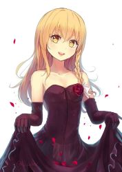 Rule 34 | 1girl, :d, bare shoulders, black dress, black gloves, blonde hair, blush, bow, braid, clothes lift, collarbone, cowboy shot, culter, dress, dress lift, elbow gloves, evening gown, eyelashes, female focus, flower, gloves, hair between eyes, hair bow, kirisame marisa, long hair, looking at viewer, neck, open mouth, petals, red flower, red rose, ribbon, rose, rose petals, simple background, single braid, skirt hold, smile, solo, strapless, strapless dress, touhou, twitter username, white bow, yellow eyes