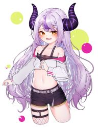 Rule 34 | 1girl, :d, absurdres, bare shoulders, black shorts, blush, chessy, commentary, cosplay, crop top, cropped jacket, demon horns, fishnet thighhighs, fishnets, highres, hololive, horns, jacket, la+ darknesss, legwear garter, long hair, long sleeves, looking at viewer, multicolored hair, navel, open mouth, purple hair, short shorts, shorts, silver hair, simple background, single thighhigh, smile, solo, stomach, streaked hair, thighhighs, tokoyami towa, tokoyami towa (cosplay), very long hair, virtual youtuber, white jacket, yellow eyes