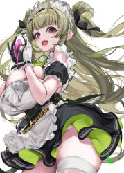 Rule 34 | 1girl, :d, antenna hair, apron, arm cuffs, ascot, black dress, black gloves, black skirt, blush, breasts, button gap, cleavage, detached collar, dress, frilled apron, frills, gloves, goddess of victory: nikke, green ascot, green hair, hair ornament, hair ribbon, hairclip, heart, heart antenna hair, heart hands, huge breasts, long hair, maid, maid apron, maid headdress, mole, mole on breast, open mouth, pink eyes, pleated skirt, ribbon, signature, skirt, sleeveless, smile, soda (nikke), solo, thick thighs, thighhighs, thighs, two-tone gloves, white apron, white gloves, white thighhighs, youmou usagi