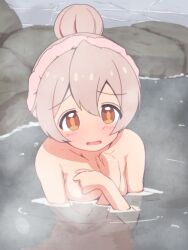 Rule 34 | 1girl, blush, brown eyes, collarbone, commentary, completely nude, covering breasts, covering privates, crossed arms, hair between eyes, hair bun, hands on own chest, highres, looking at viewer, nude, onii-chan wa oshimai!, onsen, open mouth, oyama mahiro, partially submerged, pink hair, rock, single hair bun, solo, towel, towel on head, unkimo, water