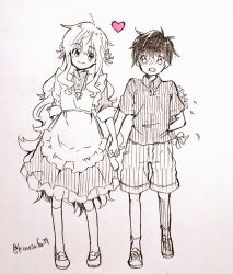 Rule 34 | 1boy, 1girl, :o, apron, awkward, black hair, blush, collared dress, collared shirt, dress, flower, frilled apron, frilled dress, frills, hair ribbon, heart, hiding, holding hands, jewelry, kagerou project, key, kozakura marry, long hair, looking at another, looking to the side, mary janes, mekakucity actors, monochrome, necklace, open mouth, pants, partially colored, pink heart, ribbon, sa-fu (sfmk39), seto kousuke, shirt, shoes, short hair, shorts, shy, sketch, sleeve cuffs, sleeves past elbows, smile, socks, striped clothes, striped pants, striped shirt, traditional media, twitter username, vertical-striped clothes, vertical-striped pants, vertical-striped shirt, very long hair, white socks