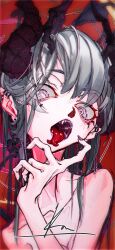 Rule 34 | 1girl, absurdres, akiyama kou, blue hair, earrings, fang, hand on own face, highres, horns, jewelry, long hair, looking at viewer, open mouth, original, red background, tongue, tongue out
