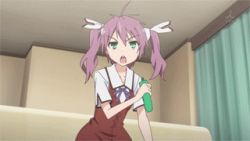 Rule 34 | ahoge, animated, animated gif, bottle, glue, green eyes, hair ornament, hair ribbon, lowres, mayo chiki!, purple hair, ribbon, school uniform, sexually suggestive, squeezing, twintails, usami masamune, what